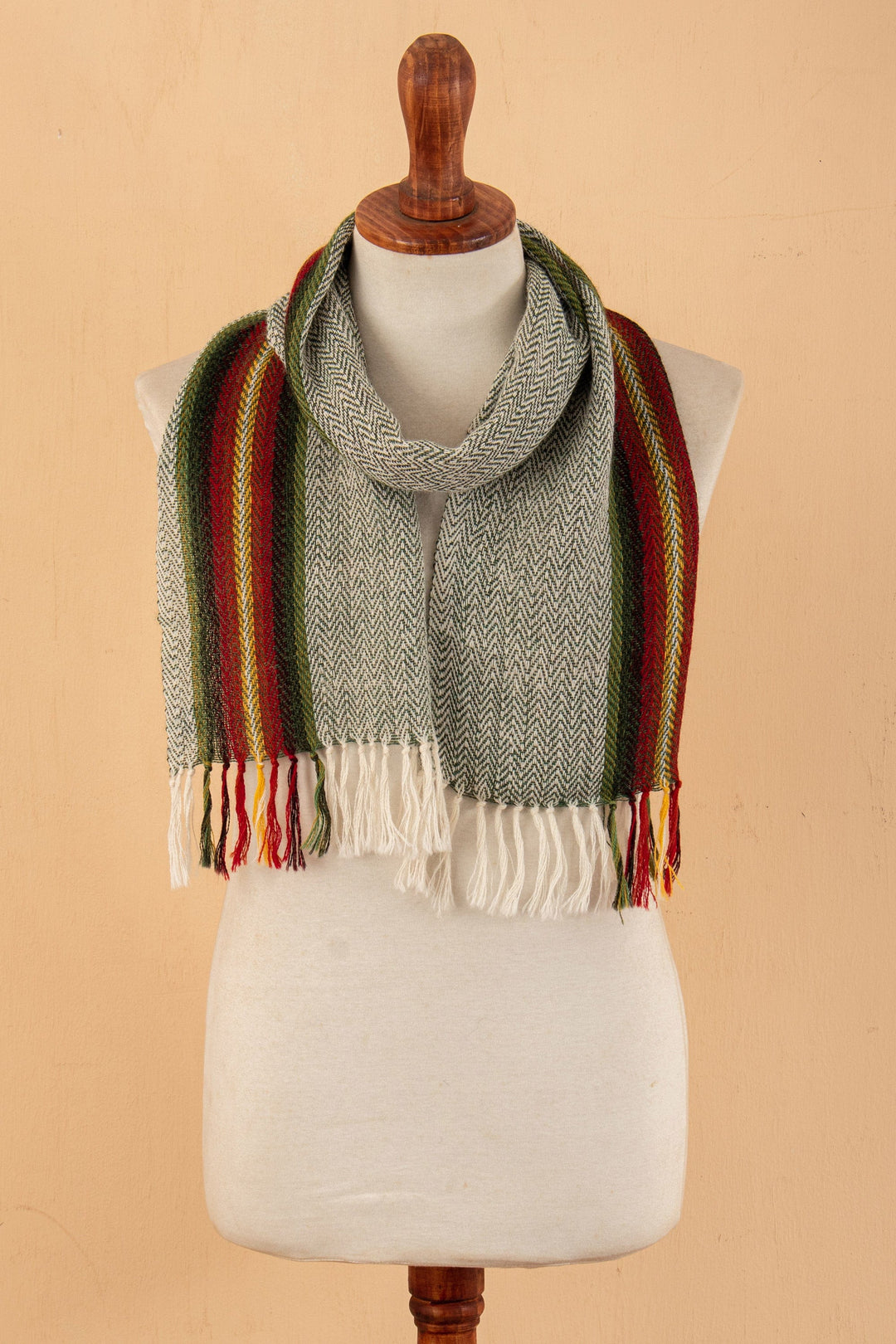 Hand-Woven 100% Alpaca Scarf with Red Green & Yellow Stripes - Cherries