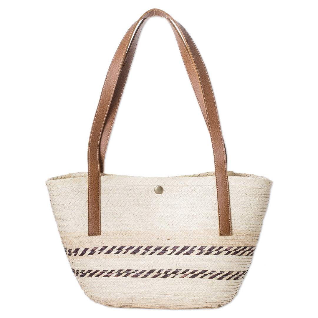Handmade Natural Fiber Shoulder Bag with Brown Stripes - Sun & Evening