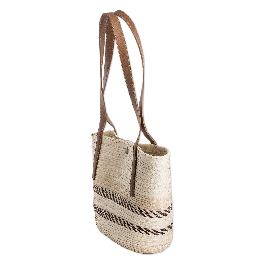 Handmade Natural Fiber Shoulder Bag with Brown Stripes - Sun & Evening