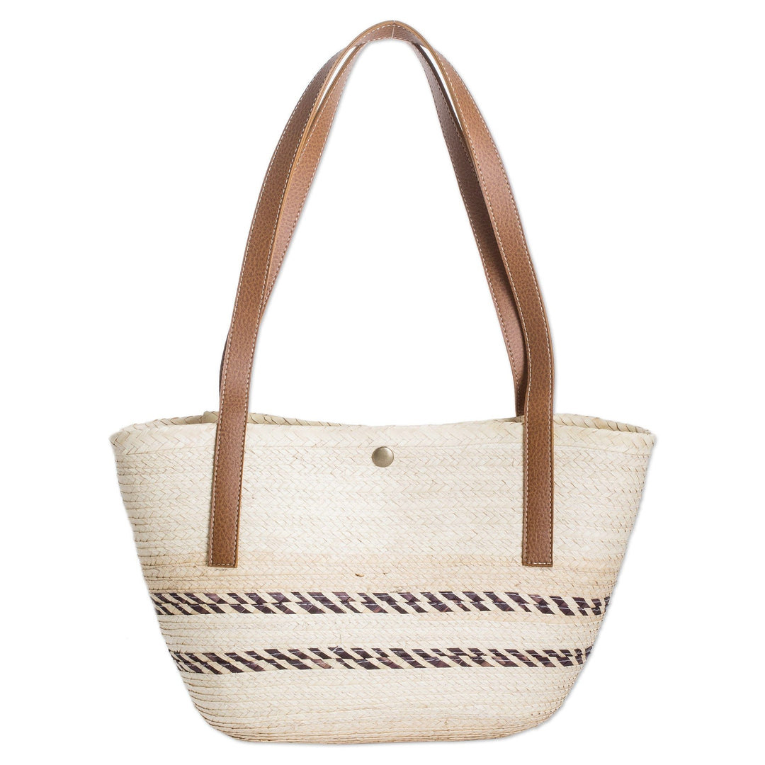Handmade Natural Fiber Shoulder Bag with Brown Stripes - Sun & Evening