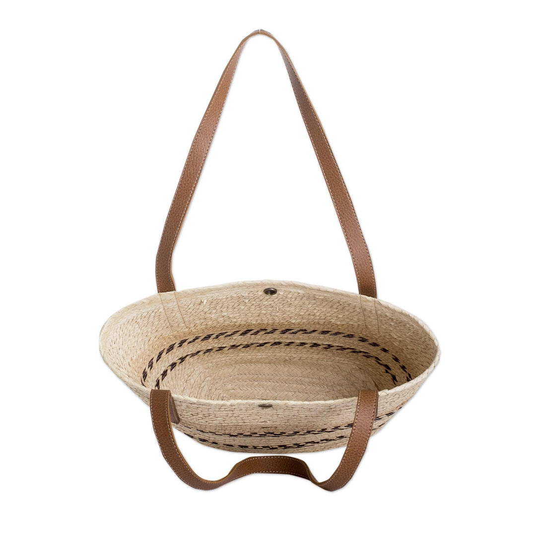 Handmade Natural Fiber Shoulder Bag with Brown Stripes - Sun & Evening