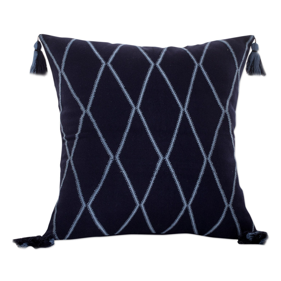 Diamond-Patterned Midnight and Cerulean Cotton Cushion Cover - Midnight of Diamonds