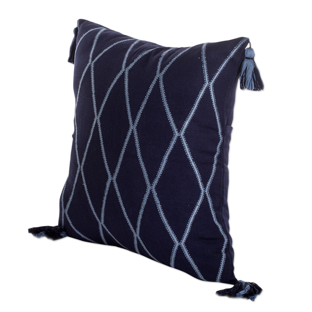 Diamond-Patterned Midnight and Cerulean Cotton Cushion Cover - Midnight of Diamonds