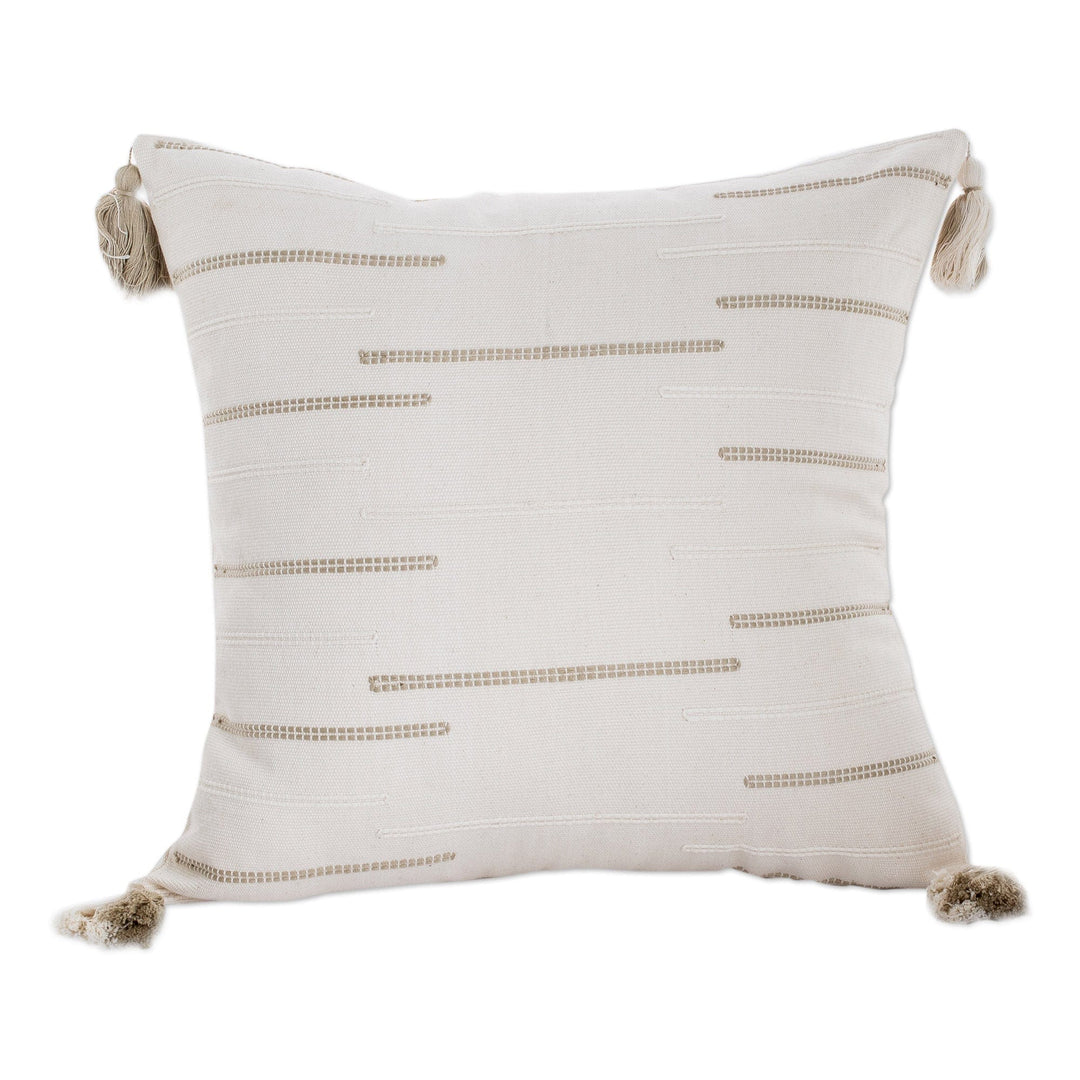 Modern Embroidered Ivory Cotton Cushion Cover with Tassels - Forest Glades
