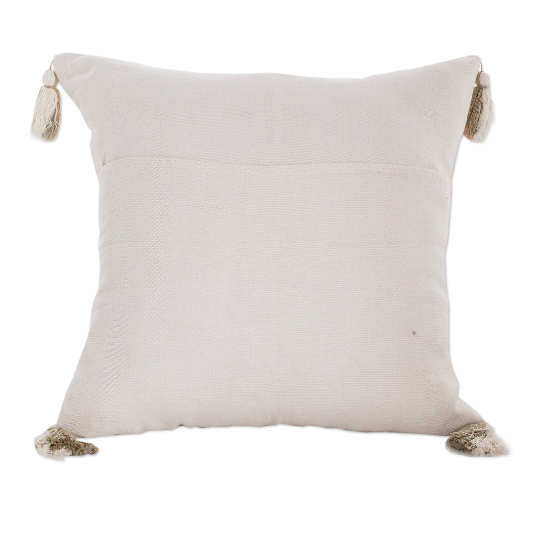 Modern Embroidered Ivory Cotton Cushion Cover with Tassels - Forest Glades