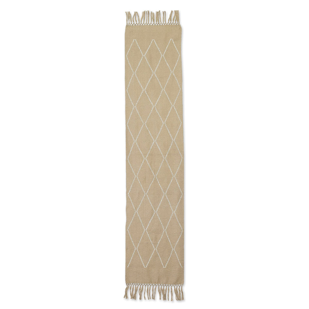 Hand-Woven Green Cotton Table Runner with Diamond Motifs - Diamond Paths