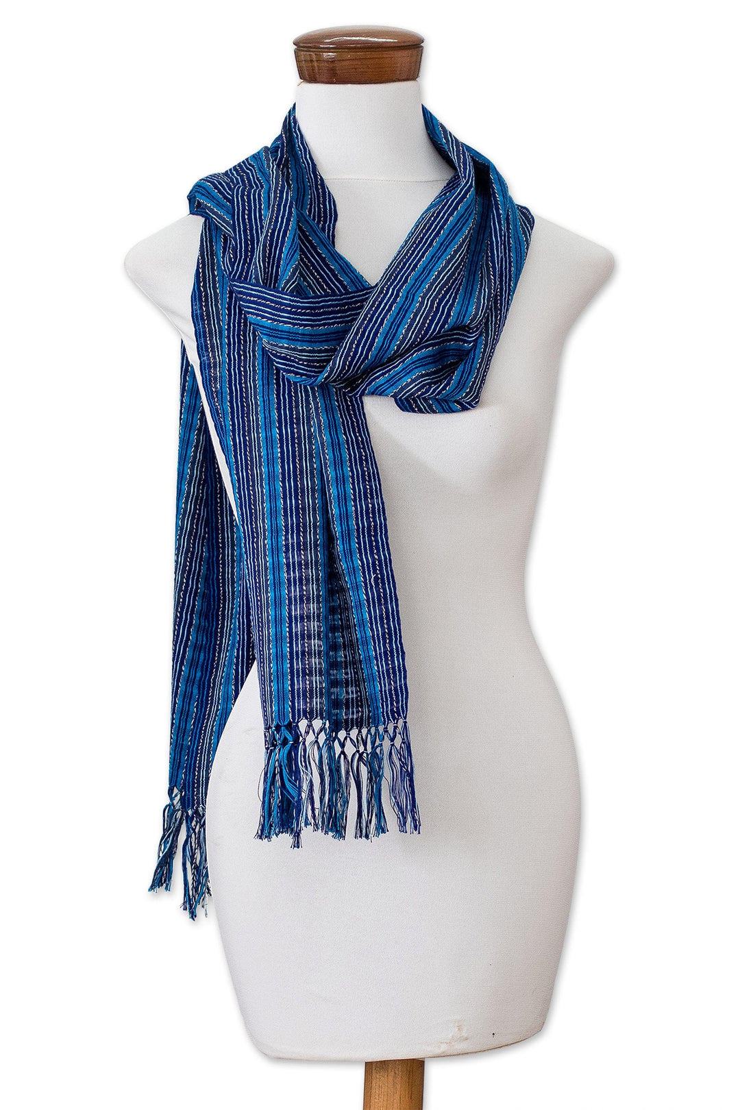 Handwoven Cotton Scarf with Fringes and Stripes in Blue Hues - Blue Cascade