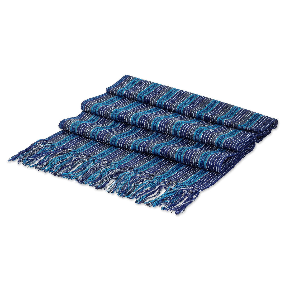 Handwoven Cotton Scarf with Fringes and Stripes in Blue Hues - Blue Cascade