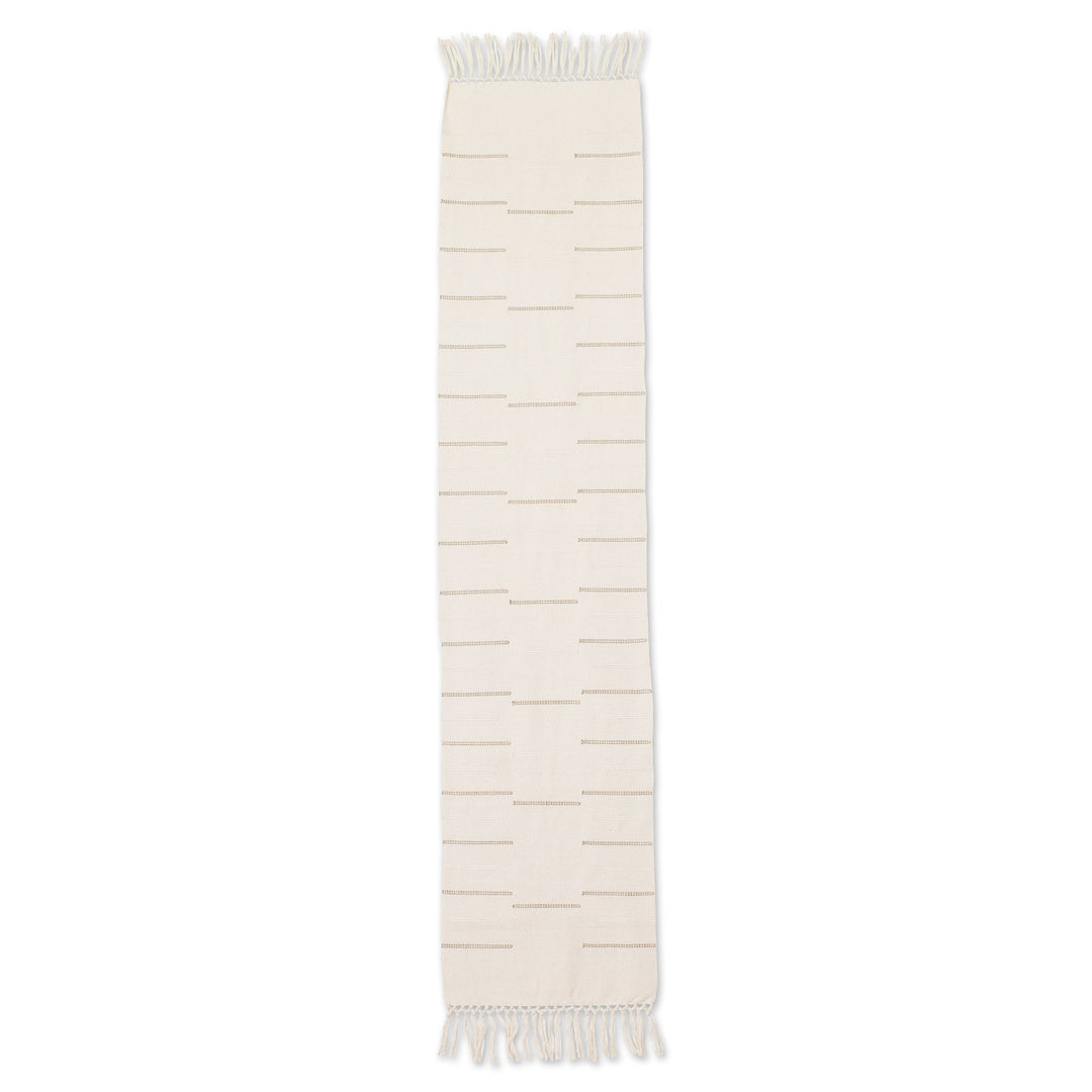 Hand-Woven Ivory Cotton Table Runner with Stripes & Fringes - Forest Clearing
