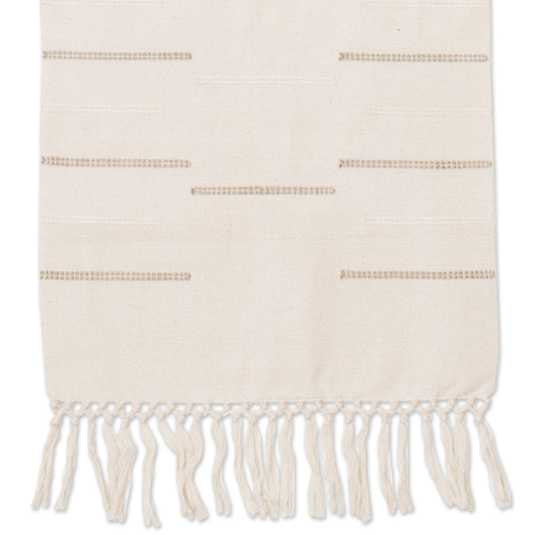 Hand-Woven Ivory Cotton Table Runner with Stripes & Fringes - Forest Clearing