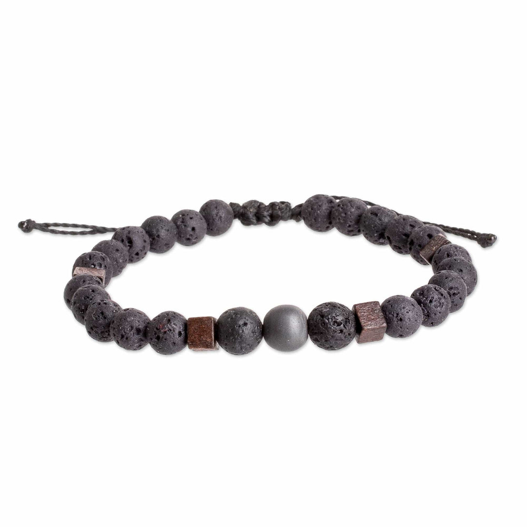 Men's Volcanic Stone Beaded Bracelet with Hematite Jewel - Inner Protector