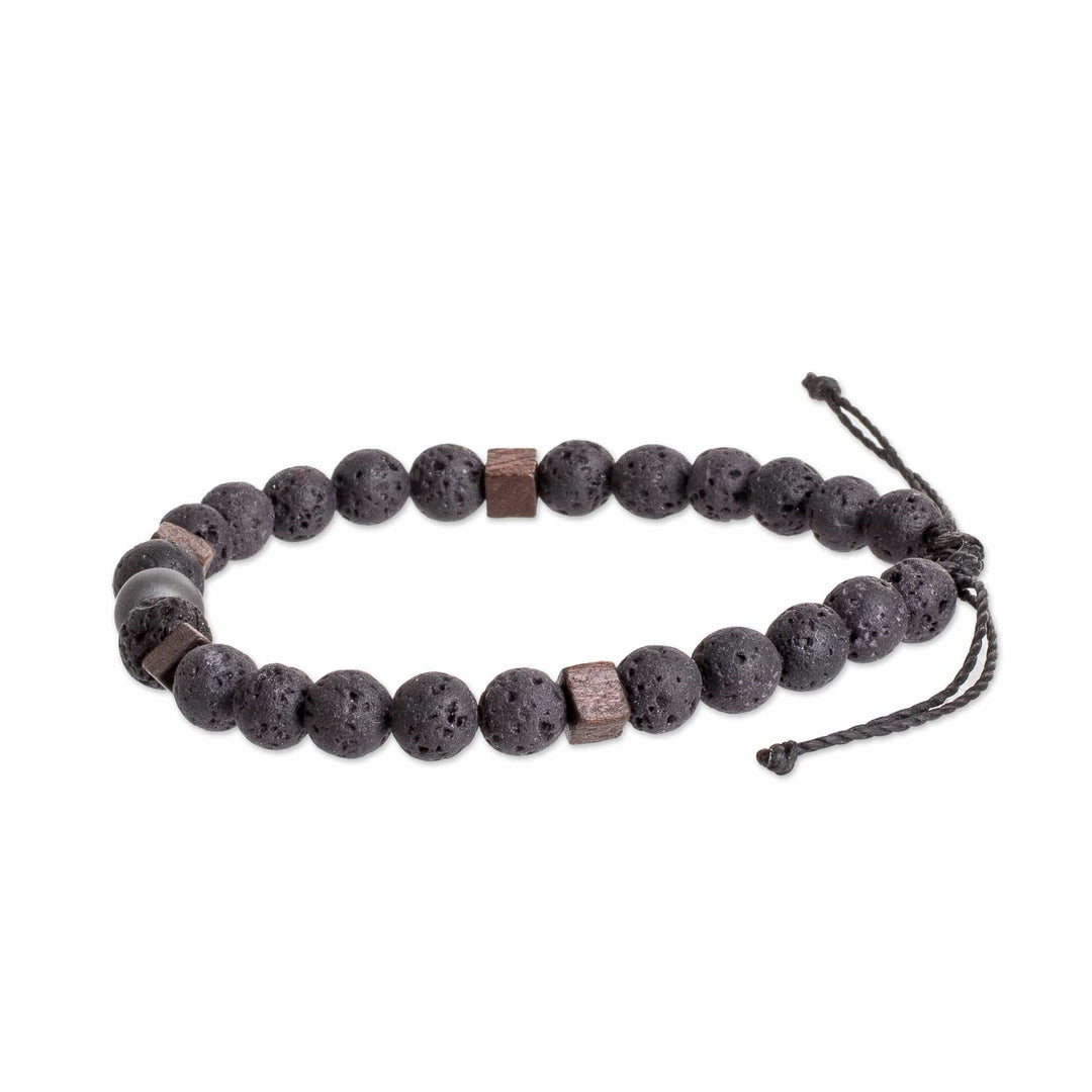 Men's Volcanic Stone Beaded Bracelet with Hematite Jewel - Inner Protector