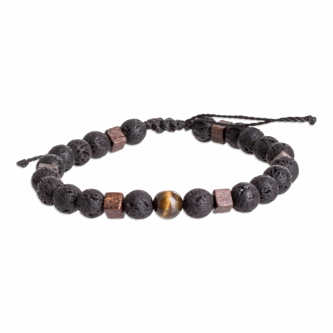 Men's Volcanic Stone Beaded Bracelet with Tiger's Eye Jewel - Inner Warrior
