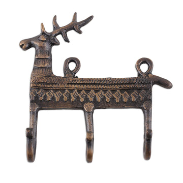 Reindeer-Shaped Copper-Plated Brass Key Rack from India - Palatial Reindeer