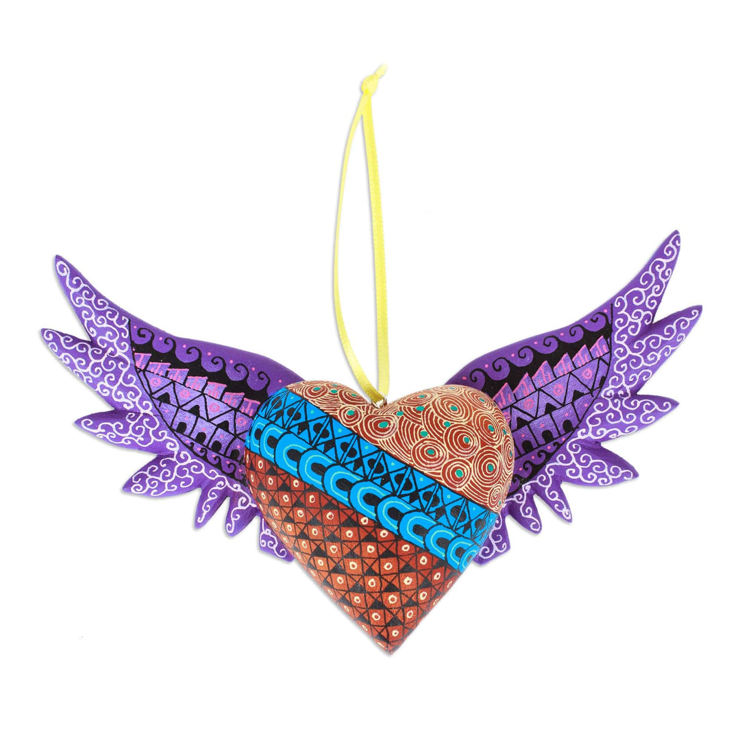 Hand-Painted Copal Wood Winged Heart Ornament in Purple - Purple Wings of the Heart