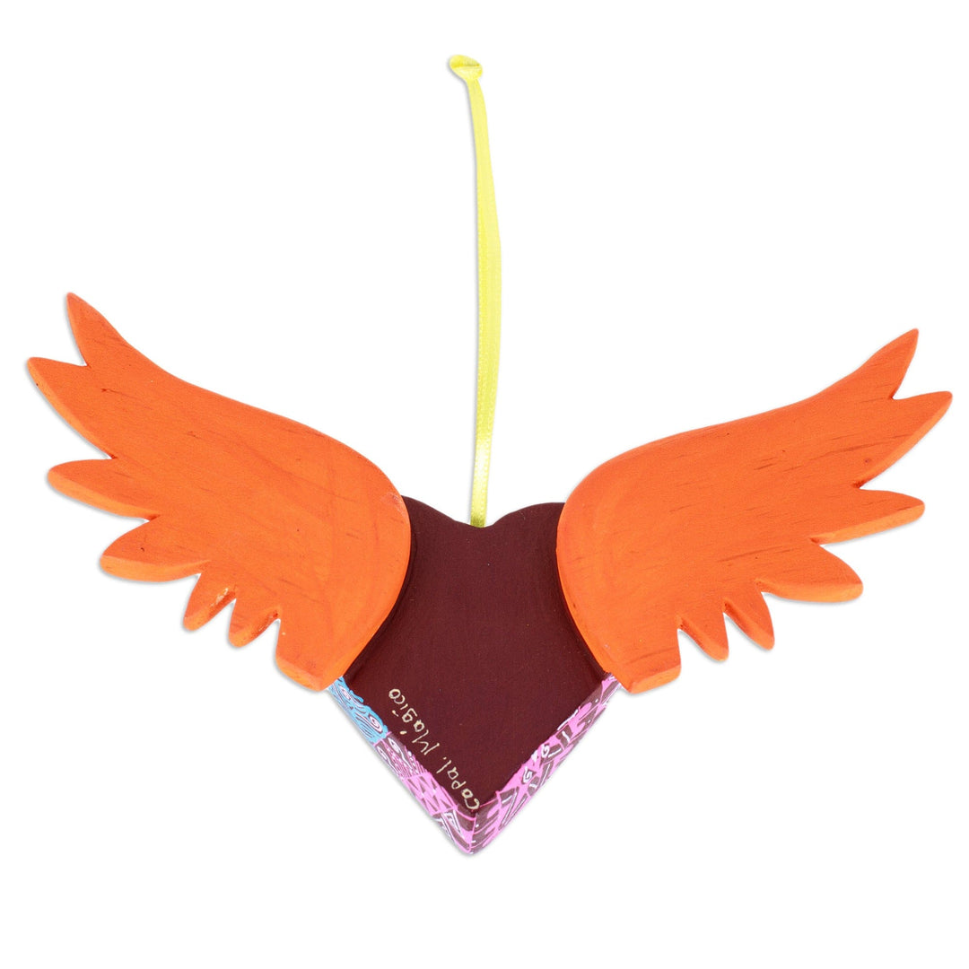 Hand-Painted Copal Wood Winged Heart Ornament in Orange - Orange Wings of the Heart