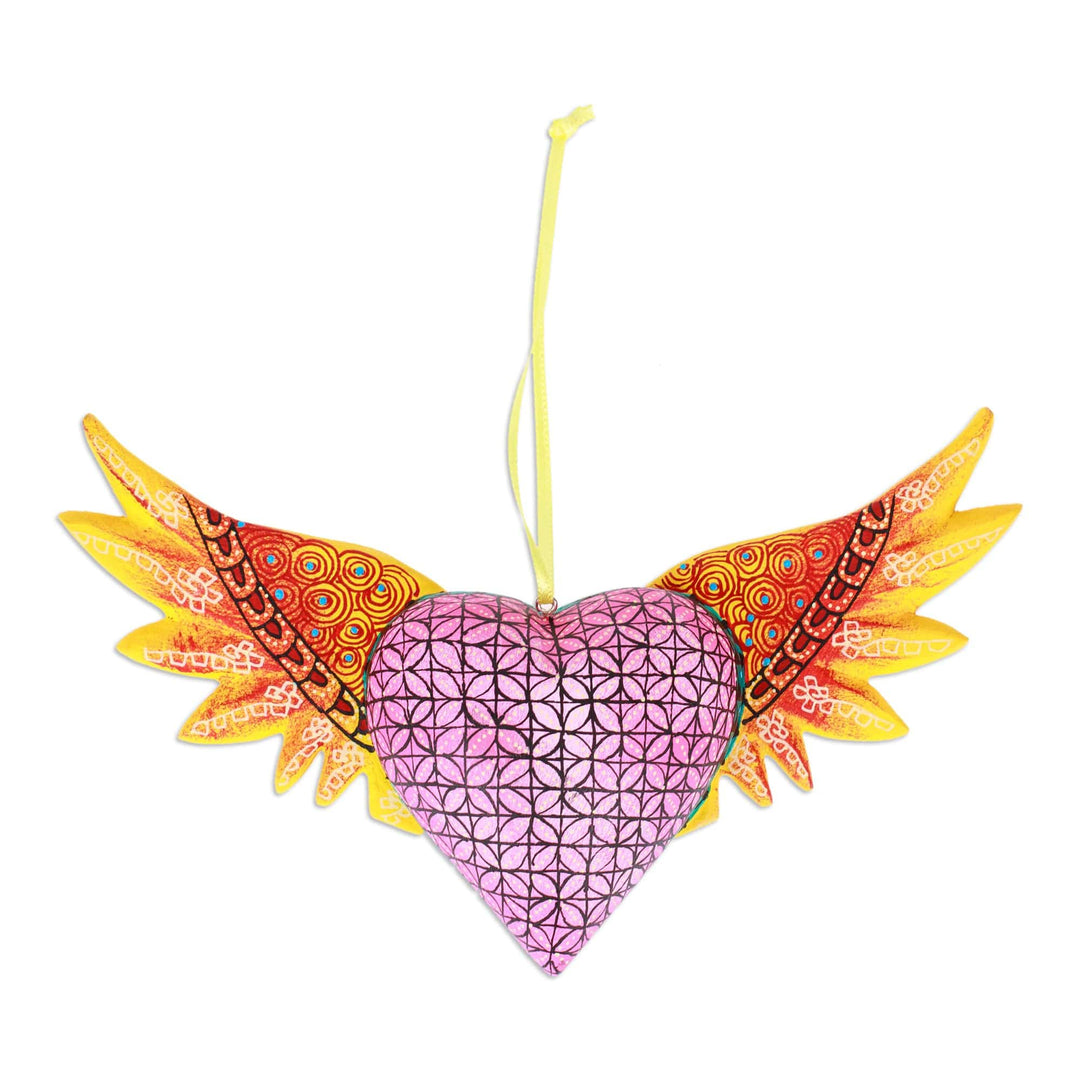 Hand-Painted Copal Wood Winged Heart Ornament in Yellow - Yellow Wings of the Heart