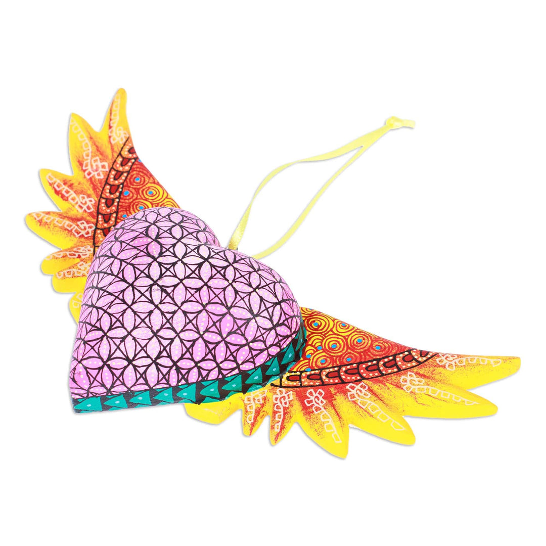 Hand-Painted Copal Wood Winged Heart Ornament in Yellow - Yellow Wings of the Heart