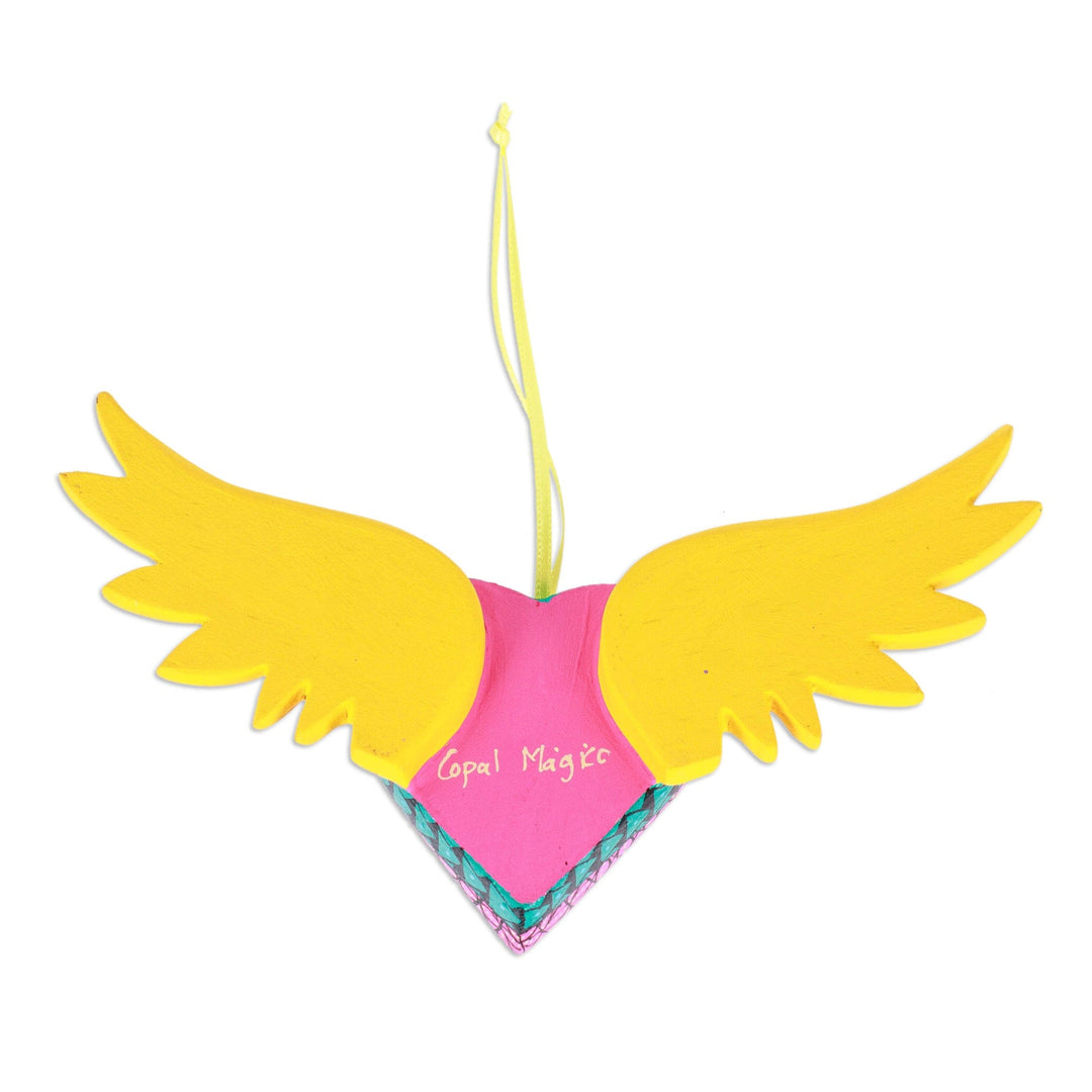 Hand-Painted Copal Wood Winged Heart Ornament in Yellow - Yellow Wings of the Heart