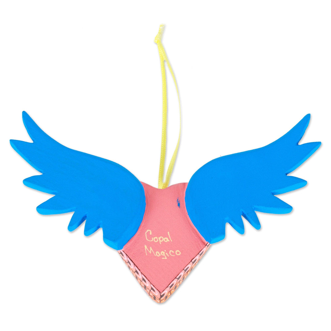 Hand-Painted Copal Wood Winged Heart Ornament in Cyan - Cyan Wings of the Heart