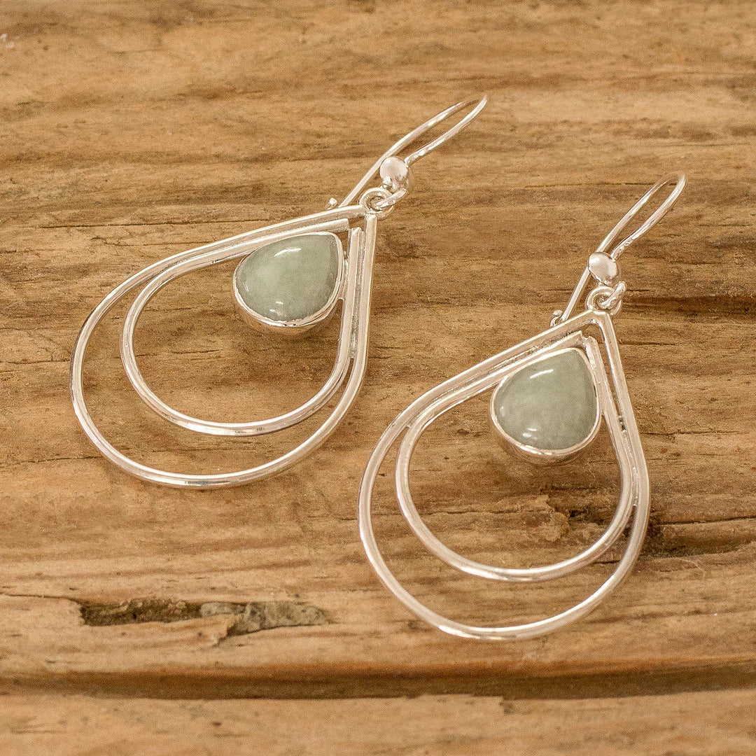 Modern Sterling Silver Apple Green Jade Dangle Earrings - Drop Duo