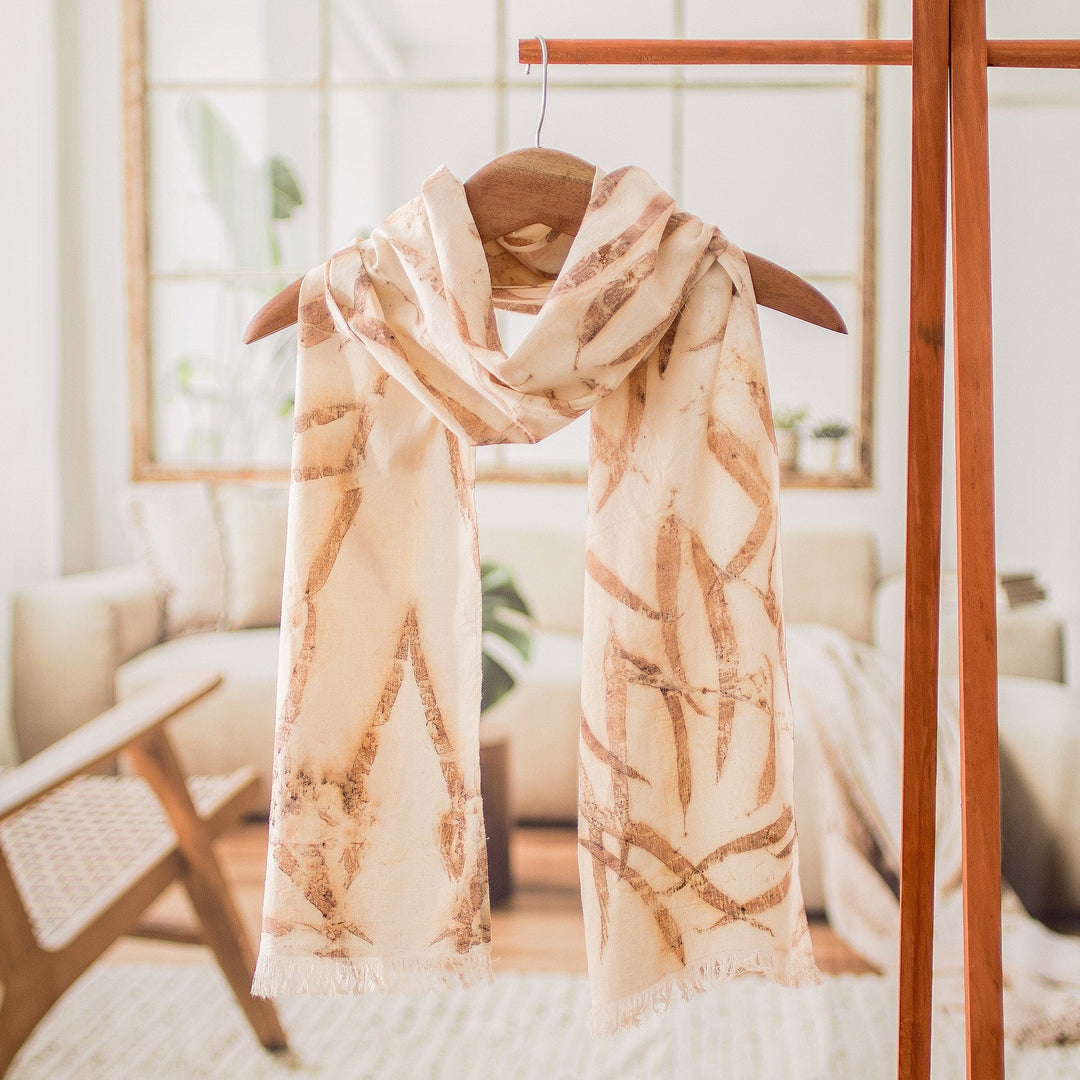 Eco-Printed Leaf-Themed Brown Cotton Scarf from El Salvador - Magic Autumn