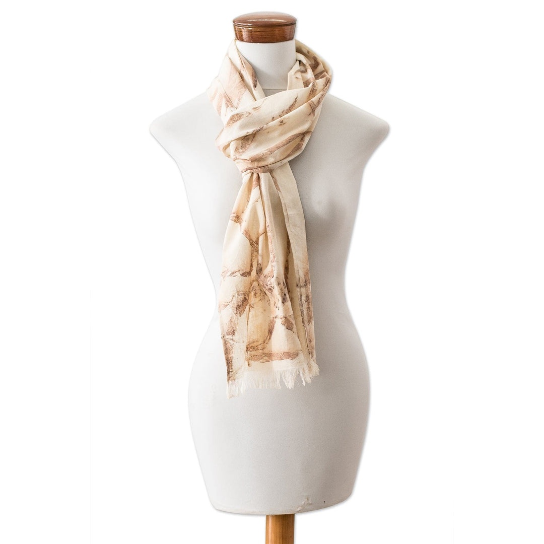 Eco-Printed Leaf-Themed Brown Cotton Scarf from El Salvador - Magic Autumn