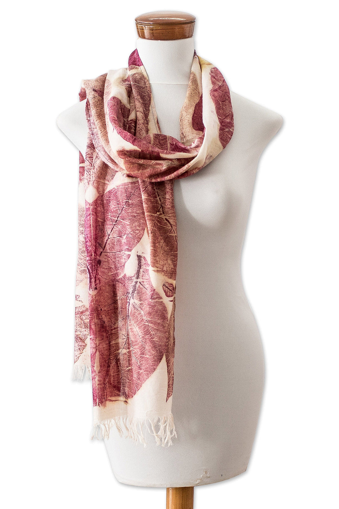 Eco-Printed Leaf-Themed Brown and Burgundy Cotton Scarf - Magic Spring