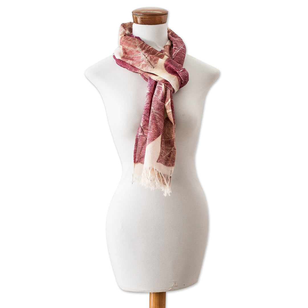 Eco-Printed Leaf-Themed Brown and Burgundy Cotton Scarf - Magic Spring