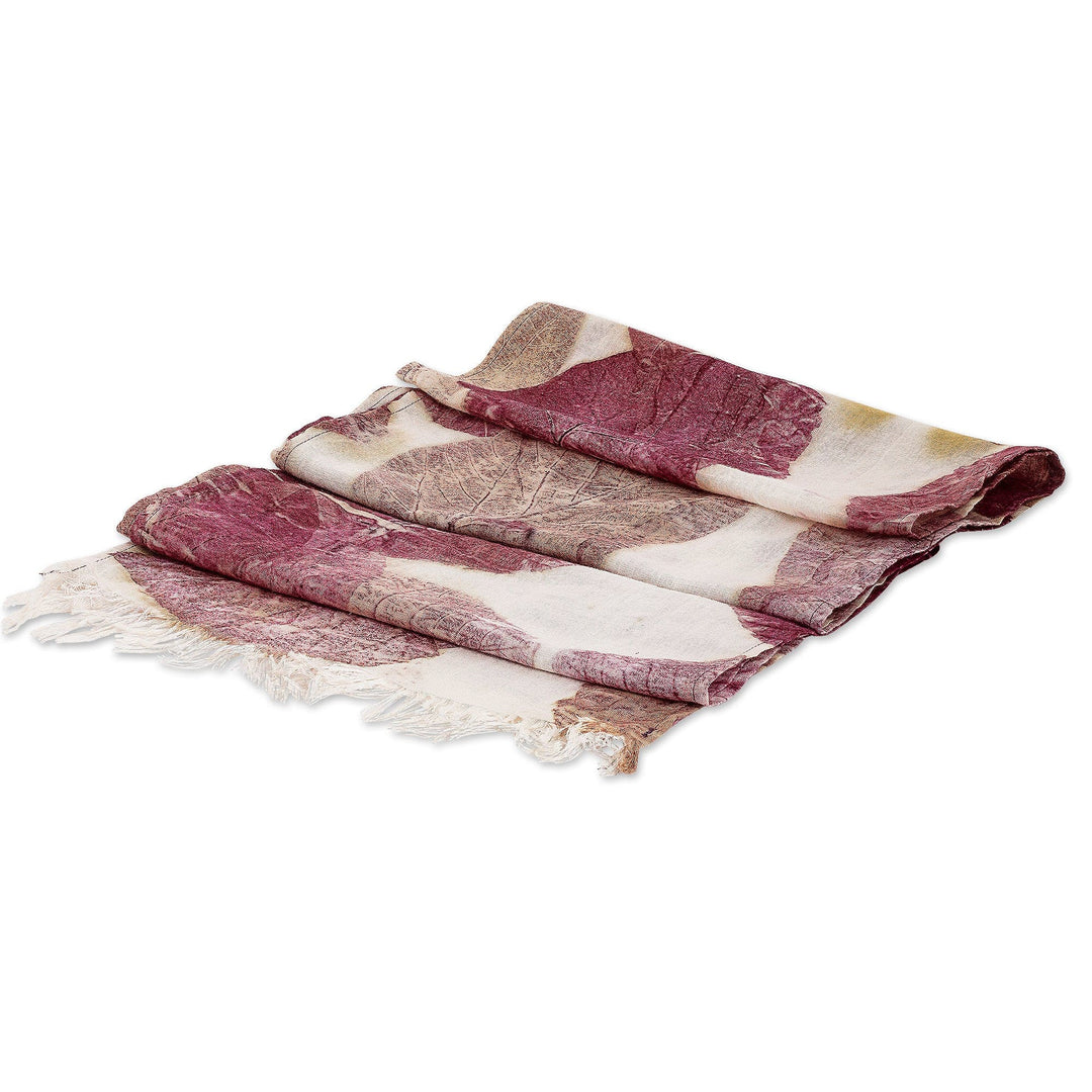 Eco-Printed Leaf-Themed Brown and Burgundy Cotton Scarf - Magic Spring