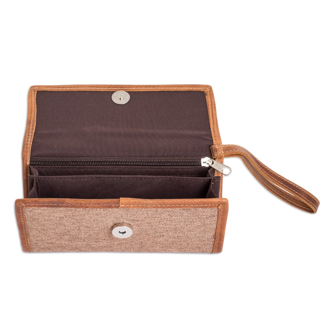 Handcrafted Tan Leather Wristlet with Striped Cotton Textile - Tropical Tan