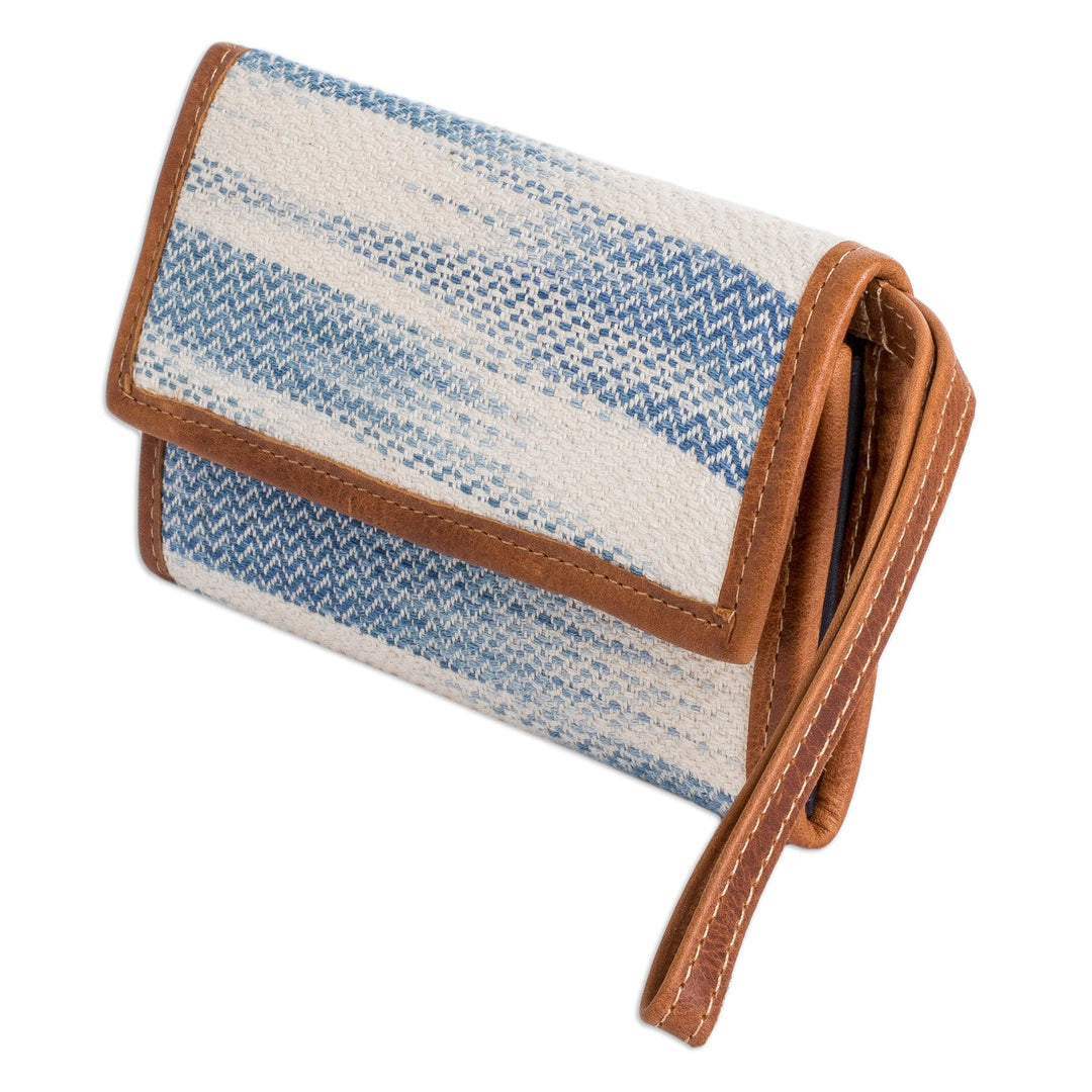 Blue & Ivory Hand-Woven Cotton Wristlet with Leather Accents - Colors of Tradition in Blue