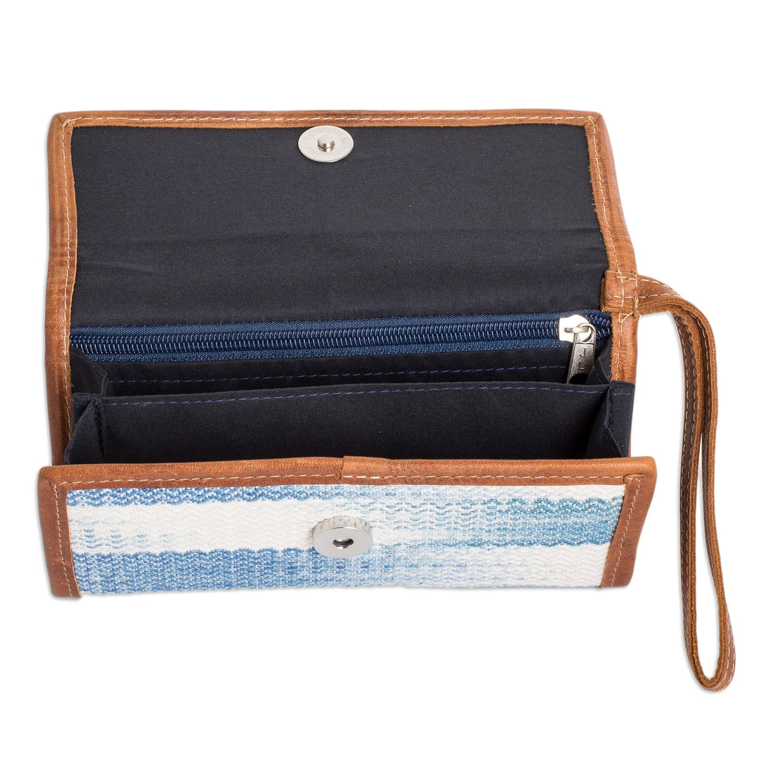 Blue & Ivory Hand-Woven Cotton Wristlet with Leather Accents - Colors of Tradition in Blue