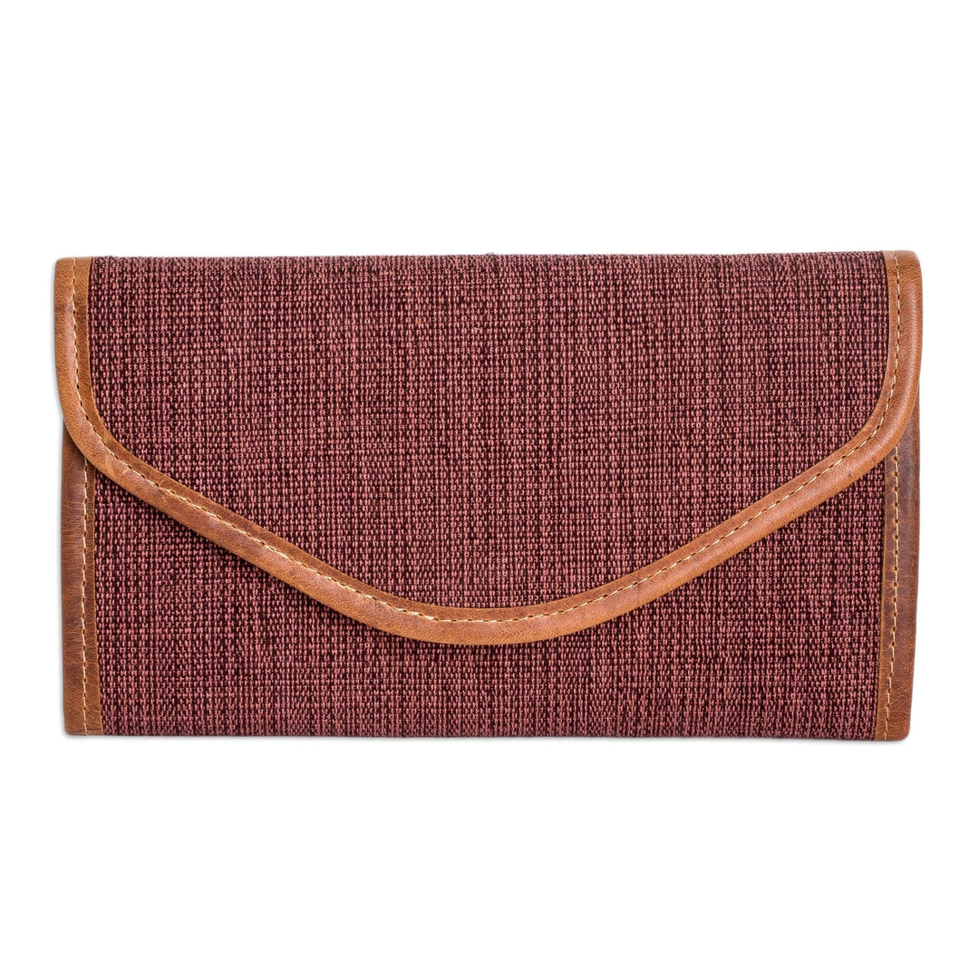 Brown and Pink Hand-Woven Cotton Wallet with Leather Trim - Guatemalan Weaving in Brown