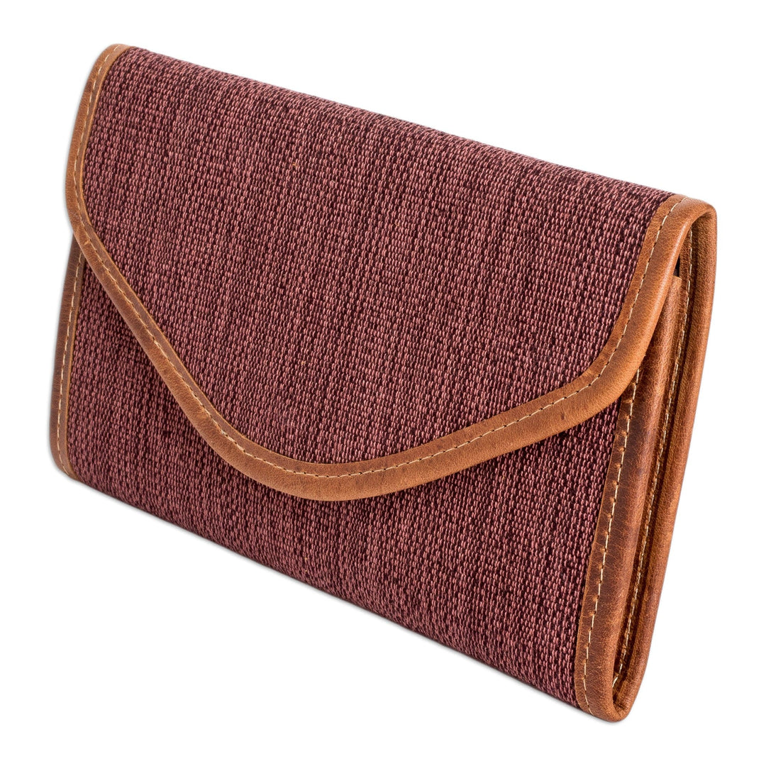 Brown and Pink Hand-Woven Cotton Wallet with Leather Trim - Guatemalan Weaving in Brown