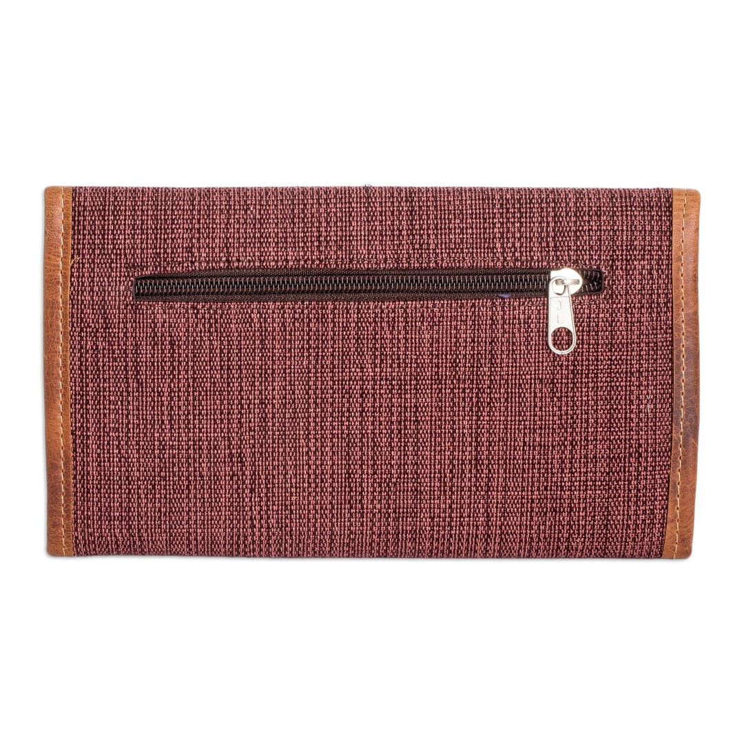 Brown and Pink Hand-Woven Cotton Wallet with Leather Trim - Guatemalan Weaving in Brown