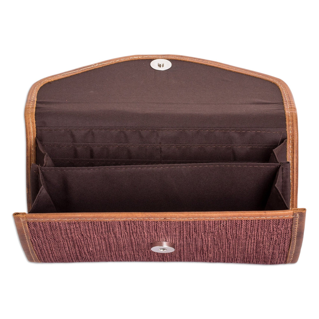 Brown and Pink Hand-Woven Cotton Wallet with Leather Trim - Guatemalan Weaving in Brown