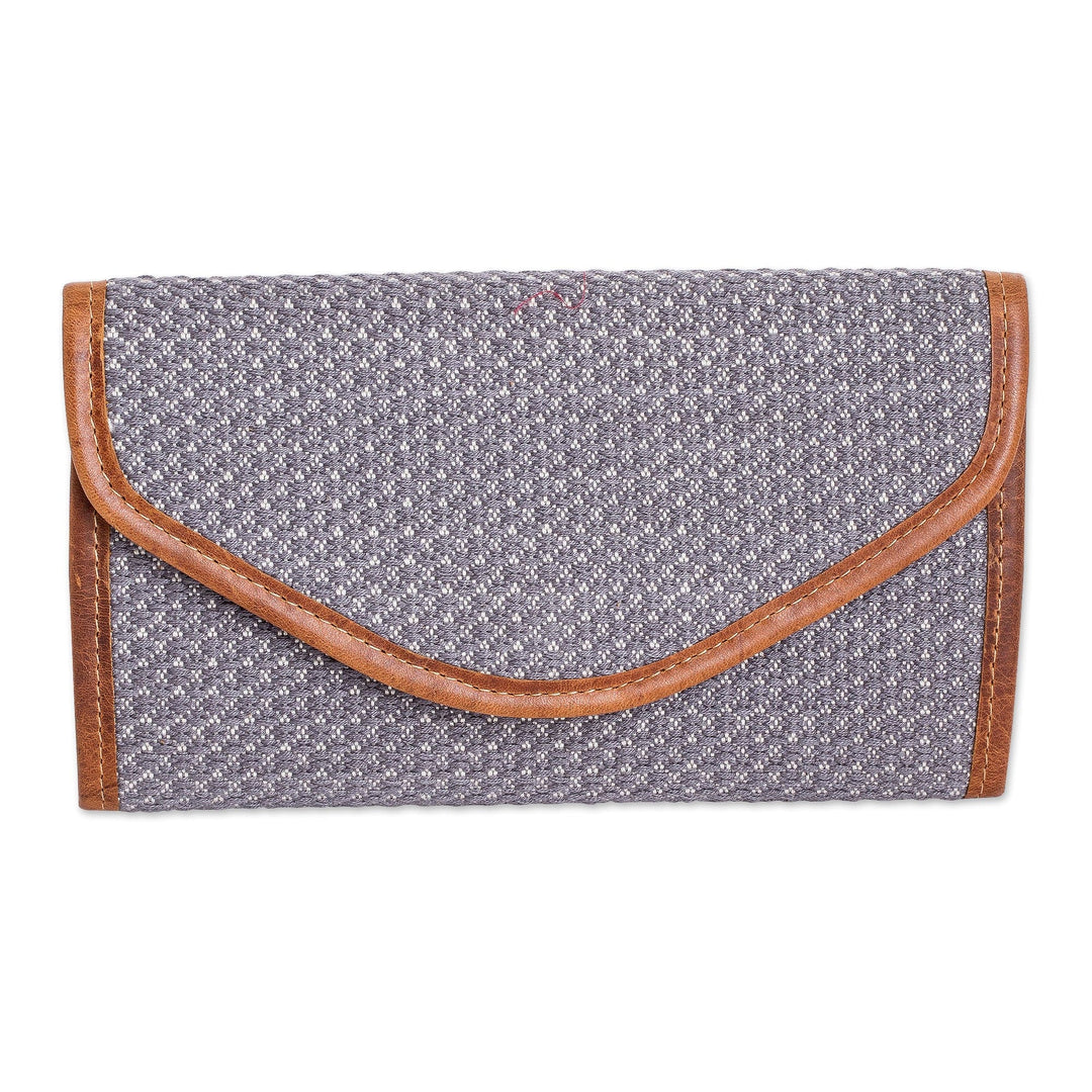 Grey and White Hand-Woven Cotton Wallet with Leather Trim - Weaving Stories in Grey
