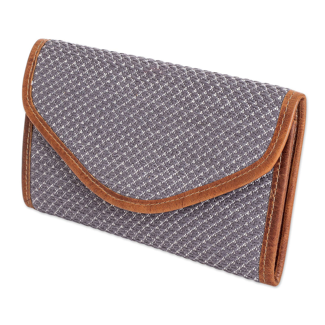 Grey and White Hand-Woven Cotton Wallet with Leather Trim - Weaving Stories in Grey