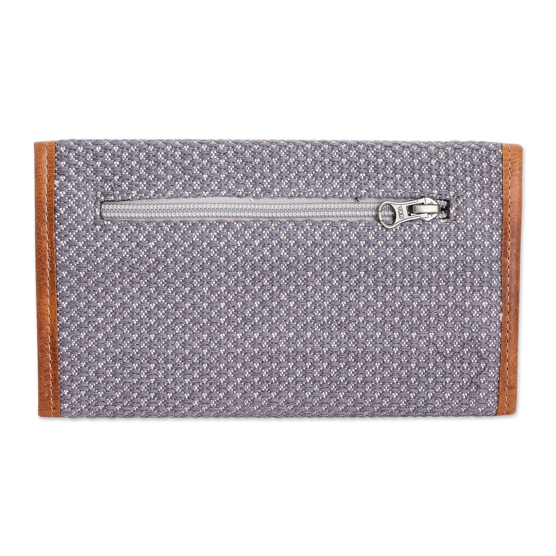 Grey and White Hand-Woven Cotton Wallet with Leather Trim - Weaving Stories in Grey