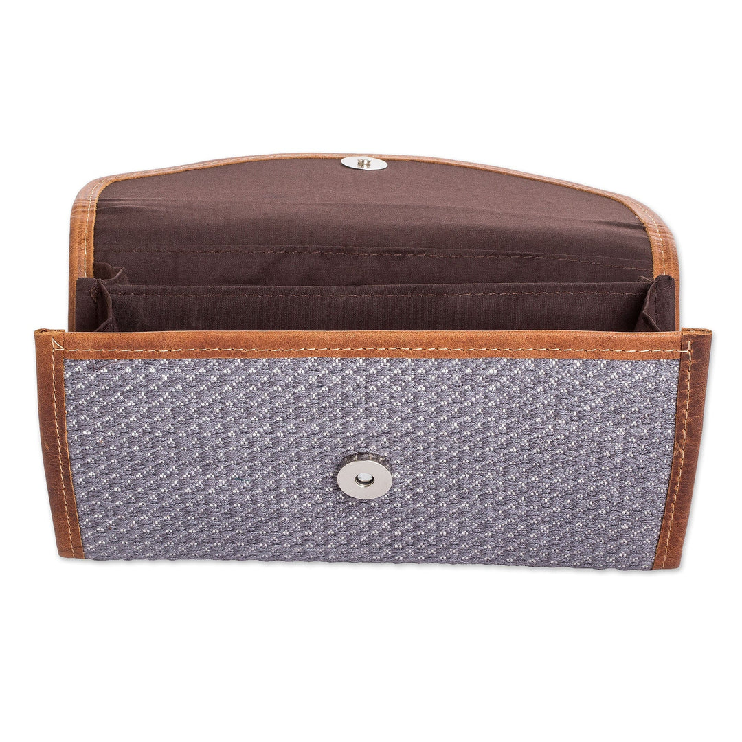 Grey and White Hand-Woven Cotton Wallet with Leather Trim - Weaving Stories in Grey