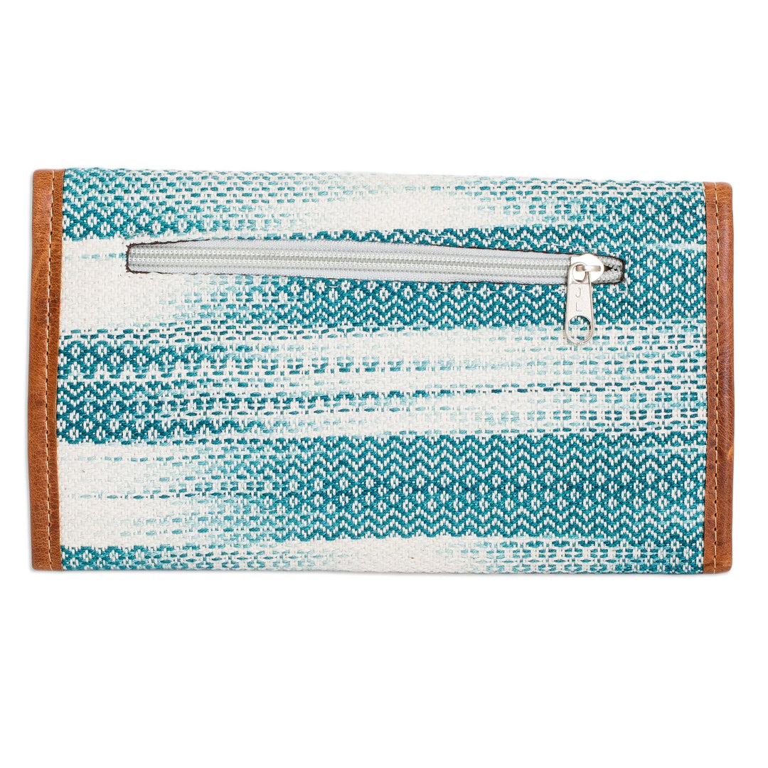 Teal and White Hand-Woven Cotton Wallet with Leather Trim - Colors of Tradition in Teal