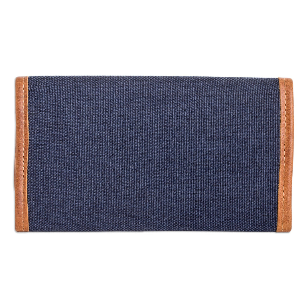Handwoven Cotton Wallet with Leather Trim & Colorful Stripes - Ethereal Blue