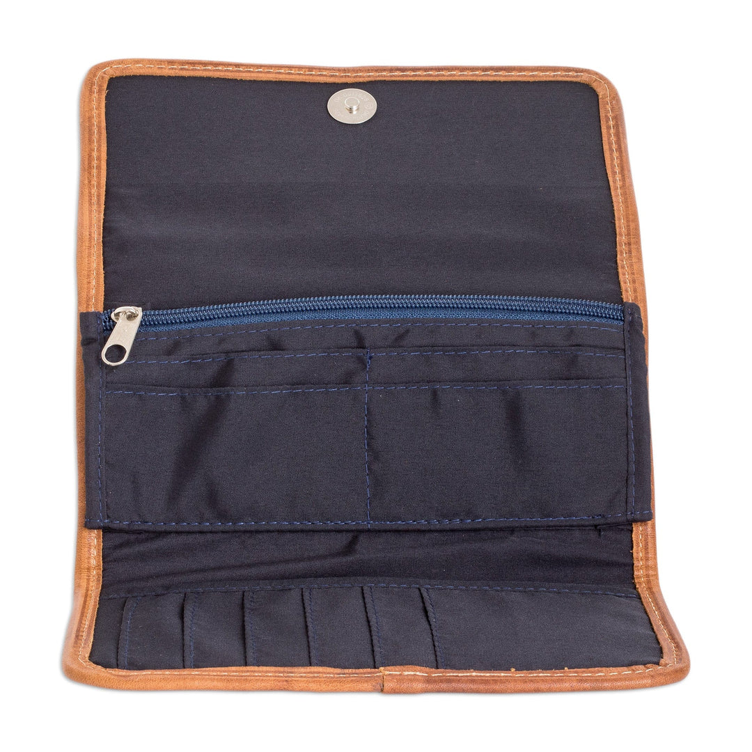 Handwoven Cotton Wallet with Leather Trim & Colorful Stripes - Ethereal Blue