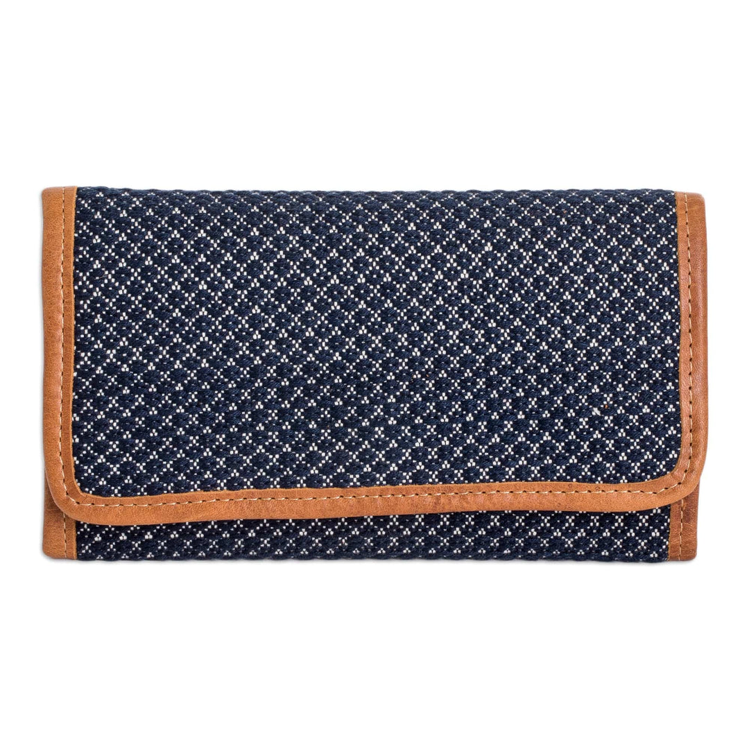 Blue and White Hand-Woven Cotton Wallet with Leather Trim - Weaving Stories in Blue