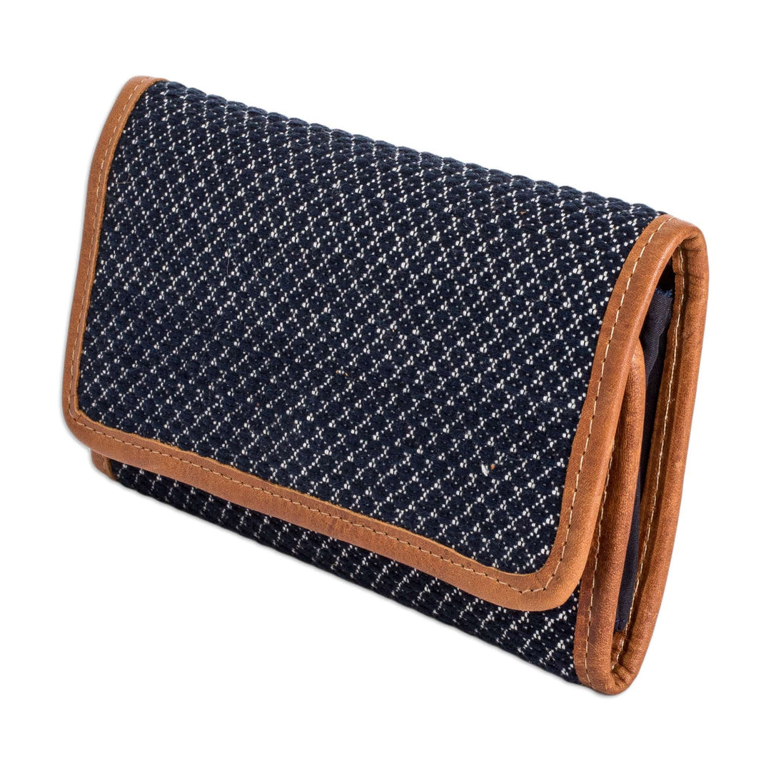 Blue and White Hand-Woven Cotton Wallet with Leather Trim - Weaving Stories in Blue