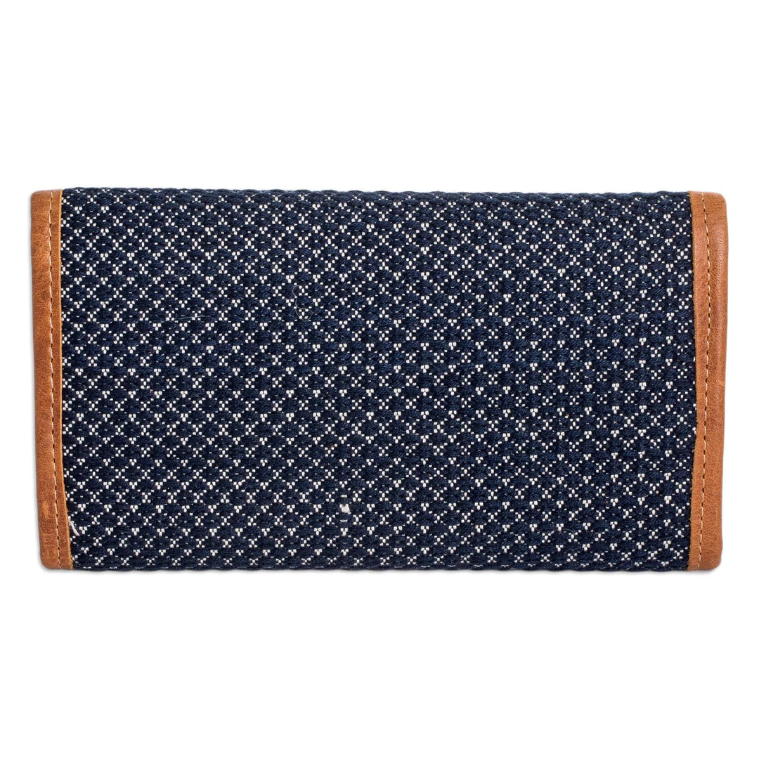 Blue and White Hand-Woven Cotton Wallet with Leather Trim - Weaving Stories in Blue