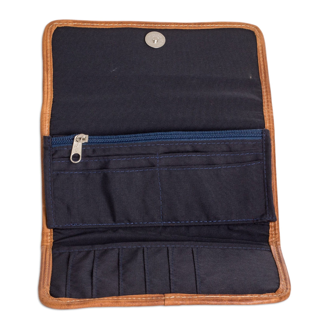 Blue and White Hand-Woven Cotton Wallet with Leather Trim - Weaving Stories in Blue