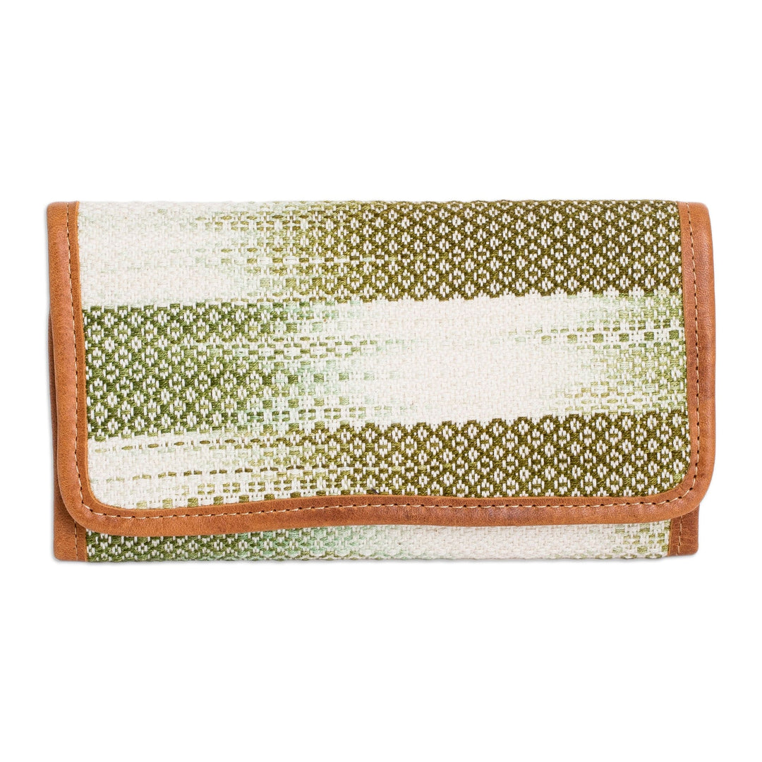 Green and White Hand-Woven Cotton Wallet with Leather Trim - Colors of Tradition in Green