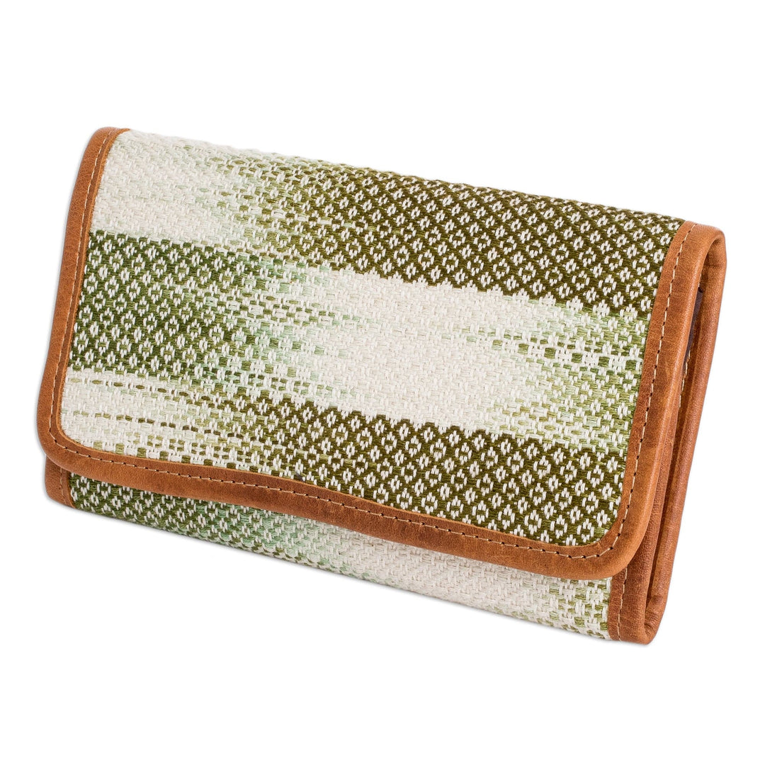 Green and White Hand-Woven Cotton Wallet with Leather Trim - Colors of Tradition in Green
